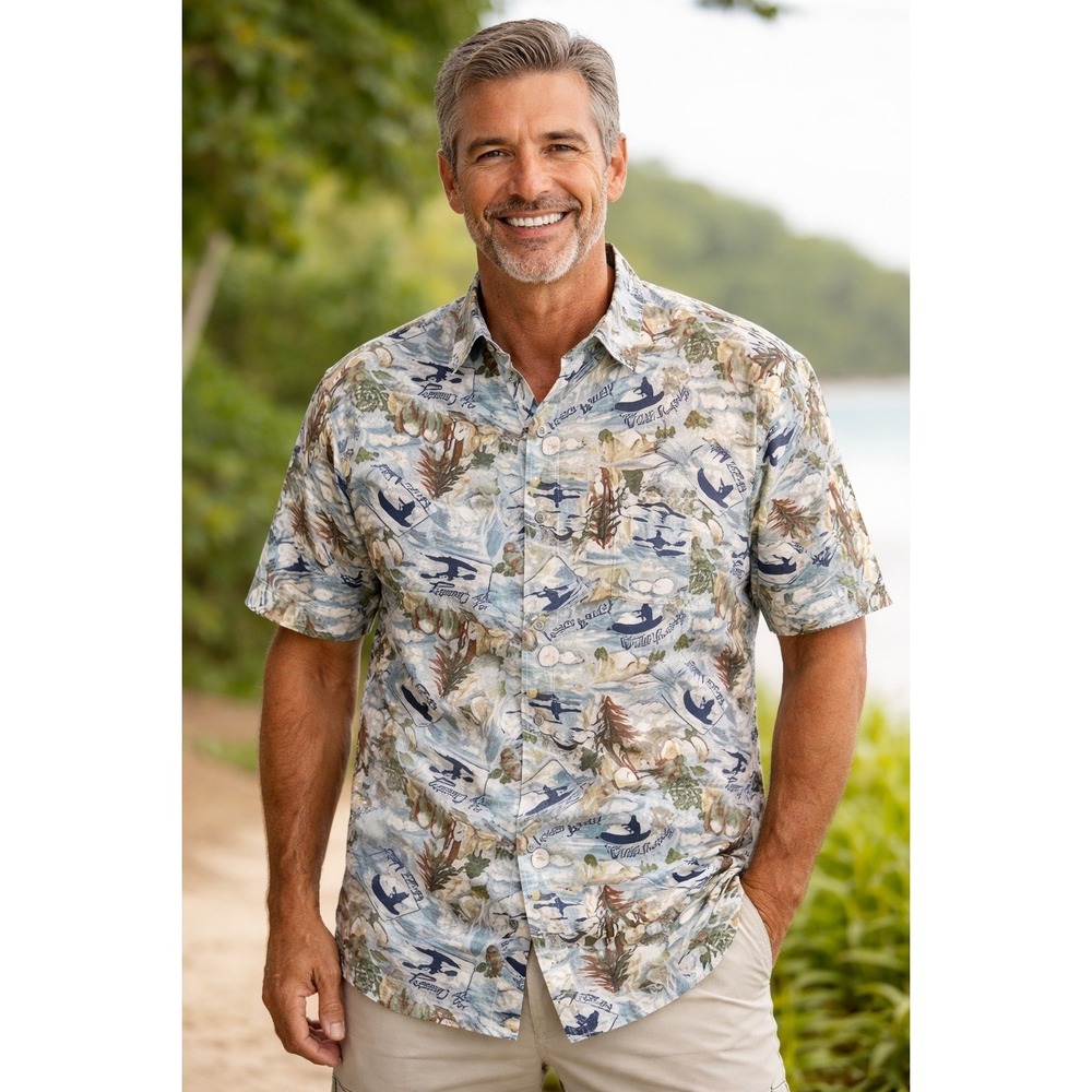 Woolrich Rugged Outdoor Shirt Men Large All Over Print Shortsleeve Button Cotton